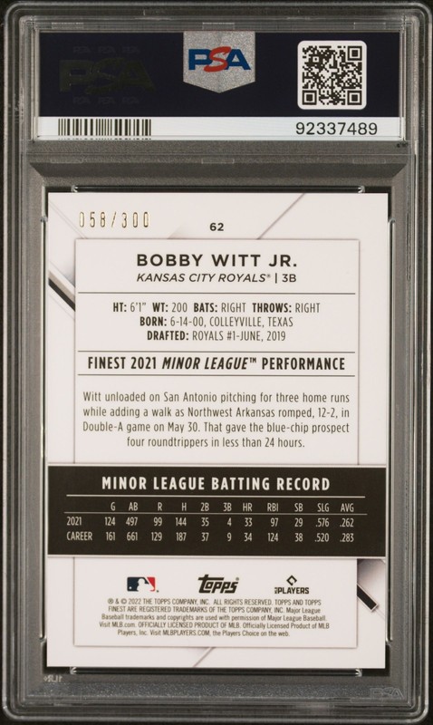 2022 Topps Finest #62 Bobby Witt Jr. Sky Blue Refractor PSA 10 #/300 view 2
