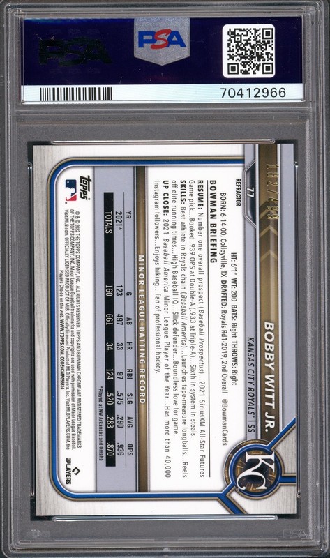 Bobby Witt Jr. - 2022 Bowman Chrome Refractor /499 PSA 10 view 2