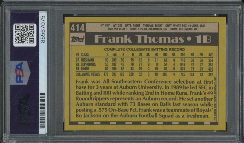 1990 Topps #414 Frank Thomas Autograph RC Rookie Gem Mint PSA DNA 10 Auto view 2