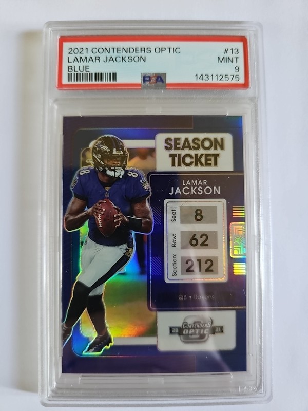2021 Contenders Optic - Season Ticket Lamar Jackson #13 Blue Prizm /99 PSA 9