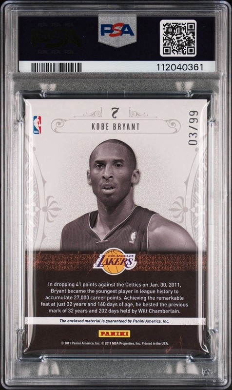 2010 NATIONAL TREASURES KOBE BRYANT NBA GEAR DUAL GAME WORN PATCH /99 PSA LAKERS view 2