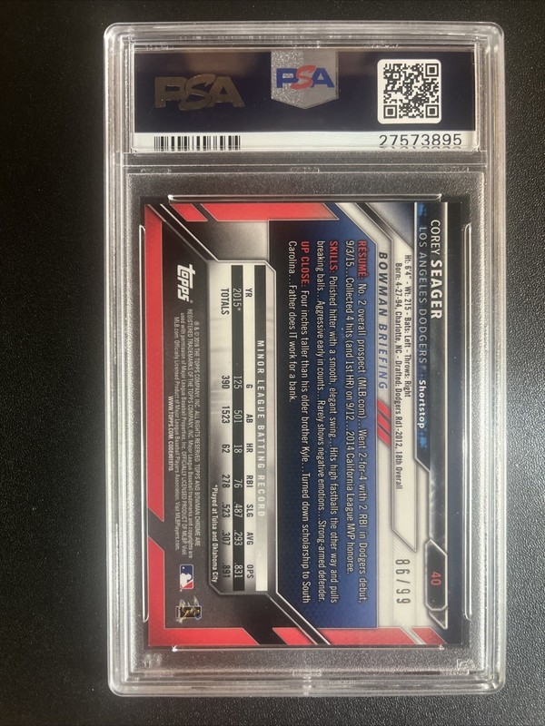 2016 Bowman Chrome Corey Seager #40 Green Refractor 86/99 RC Rookie PSA 10 view 2
