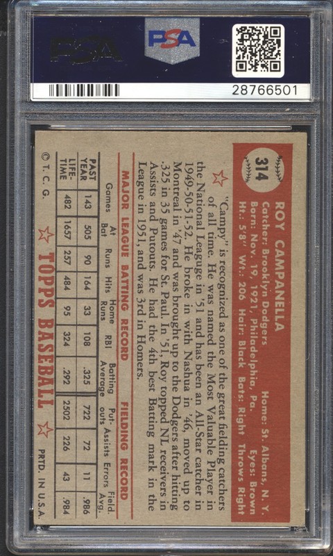 1952 Topps Baseball Roy Campanella #314 PSA 5 DODGERS HOF High Number SET BREAK view 2