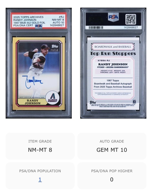 2025 Topps Archives Randy Johnson 1987 Topps Boardwalk And Baseball Auto /25 PSA view 2