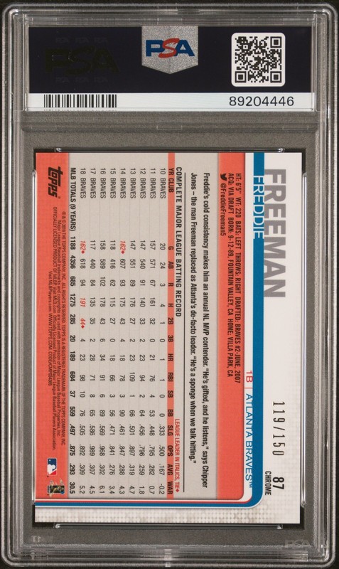2019 Topps Chrome #87 Freddie Freeman Blue Refractor /150 PSA 9 view 2