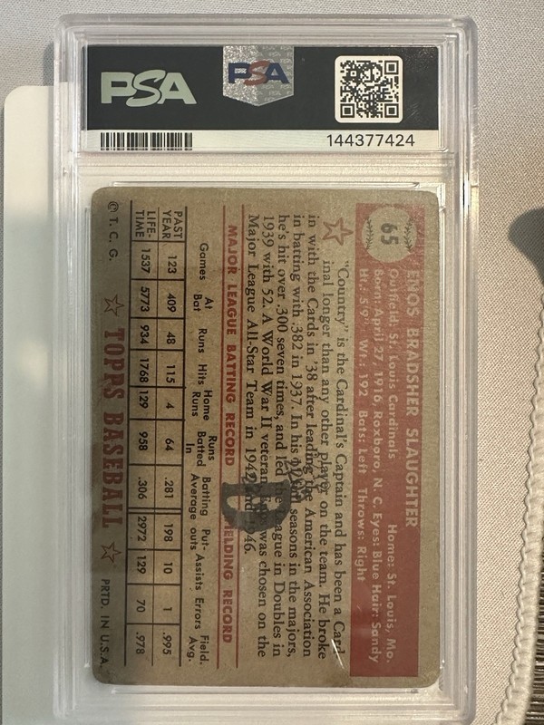 1952 Topps - Enos Slaughter #65 Black and Red Back PSA 1.5 HOF Cardinals view 2