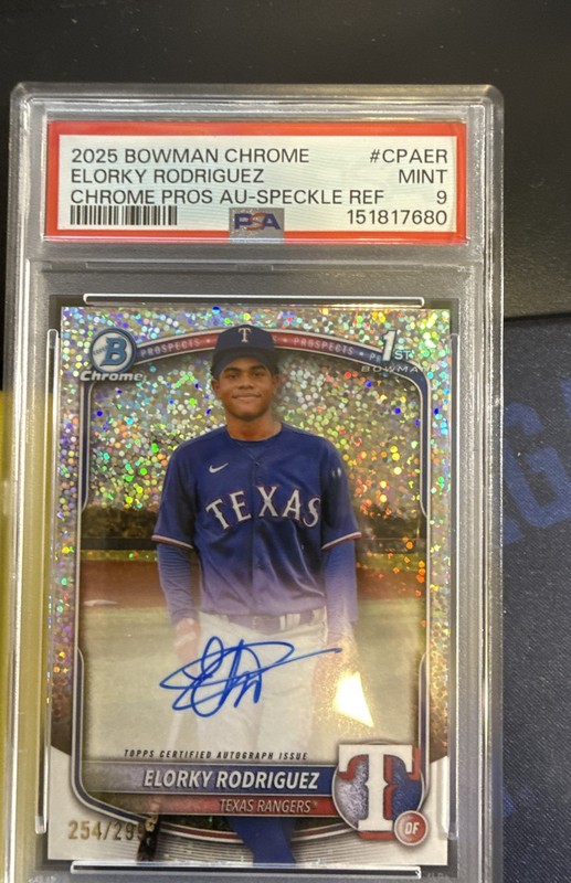 2025 Bowman Chrome 1st Prospect Auto Elorky Rodriguez Speckle /299 Rangers PSA 9
