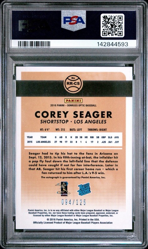 2016 Donruss Optic Corey Seager RC Auto PSA 10 Aqua Prizm /125 view 2