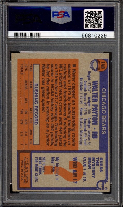 1976 Topps #148 Walter Payton Rookie PSA 7 Vintage HOF RC Football Card (0229) view 2
