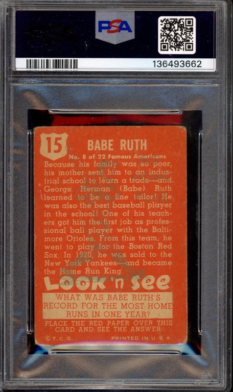 1952 Topps Look & See #15 Babe Ruth PSA 2 Vintage Yankees HOF Baseball Card view 2
