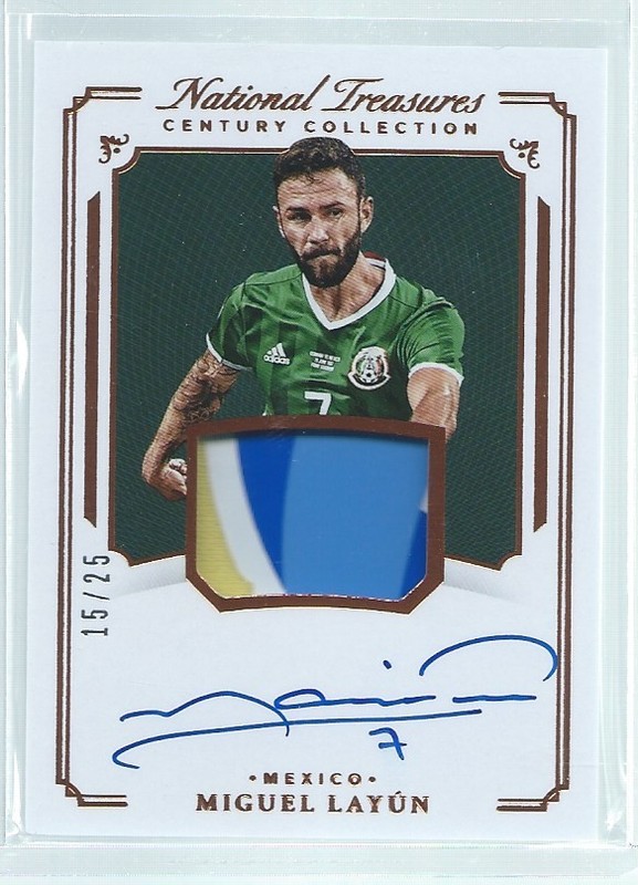 MIGUEL LAYUN 2018 NATIONAL TREASURES MATCH WORN MEXICO PATCH ON CARD AUTO /25