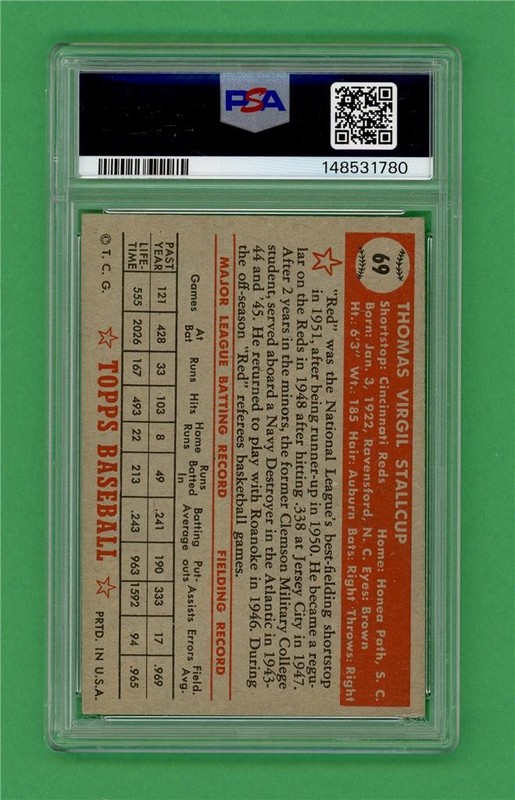 1952 Topps #69 Virgil Stallcup ** CENTERED * PSA EX 5 * Cincinnati Reds baseball view 2