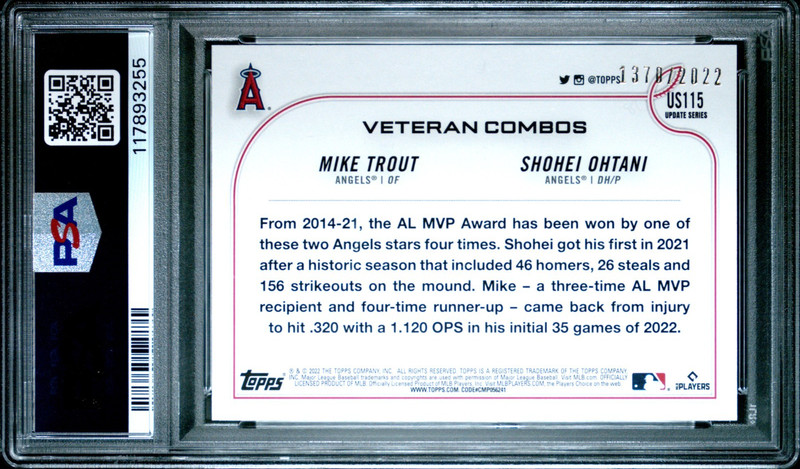 2022 Topps Ohtani / Trout #US115 (GOLD) PSA 10 GEM MINT (RARE: POP 23)     /2022 view 2