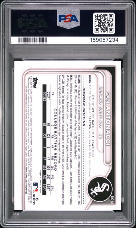 Sam Antonacci 2024 Bowman Draft 1st Chrome PSA 10 Prospect White Sox view 2
