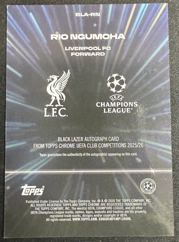 2025-26 Topps Chrome UEFA UCC Rio Ngumoha Black Lazer RC Auto BLA-RN LIVERPOOL view 2