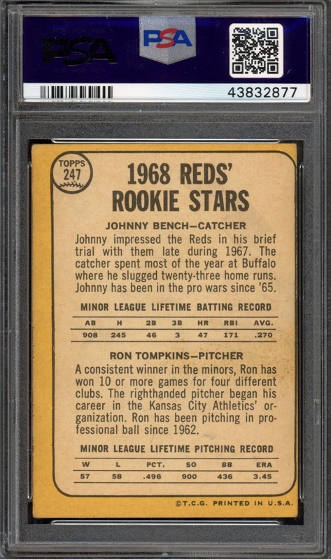 1968 Topps #247 Johnny Bench Rookie PSA 4 Vintage HOF RC Baseball Card (2877) view 2