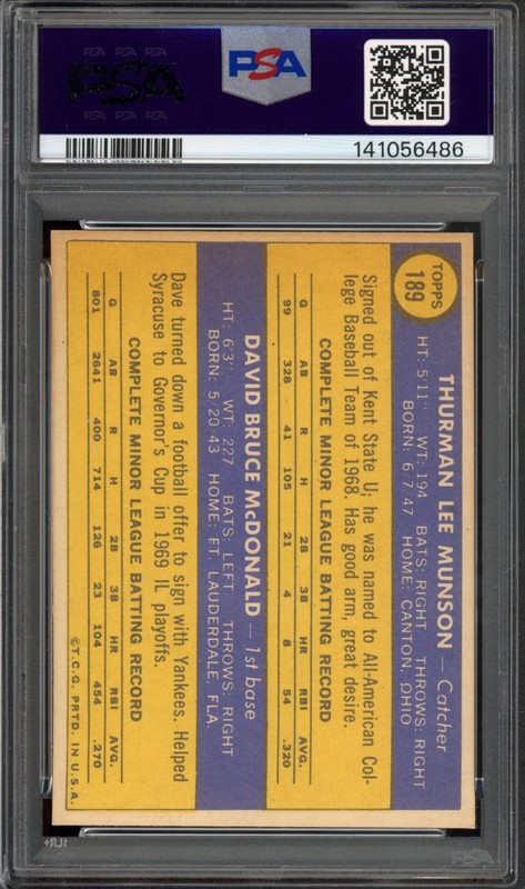 1970 Topps #189 Thurman Munson Rookie PSA 6 Vintage RC Baseball Card (6486) view 2