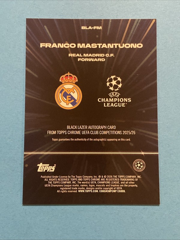 2025-26 Topps Chrome UEFA Franco Mastantuono Black Lazer Rookie Auto #BLA-FM view 2