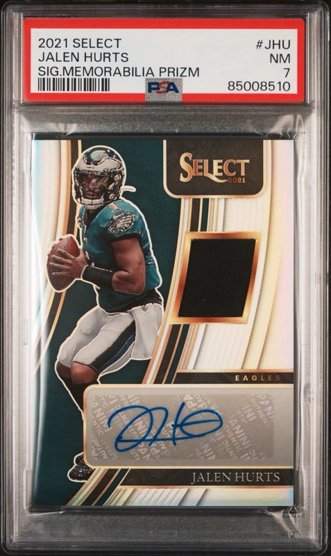 PSA 7: 2021 Panini Select #SMP-JHU Signature Memorabilia Prizm - Jalen Hurts /75