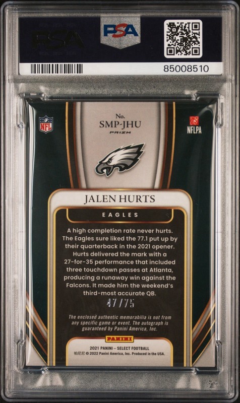 PSA 7: 2021 Panini Select #SMP-JHU Signature Memorabilia Prizm - Jalen Hurts /75 view 2