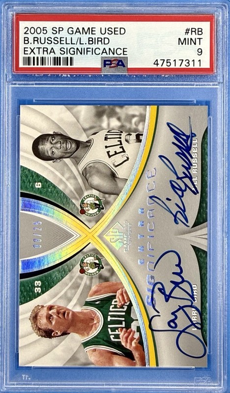 PSA 9: 2005 SP Game Used Significance Dual Auto - Bill Russell Larry Bird /25