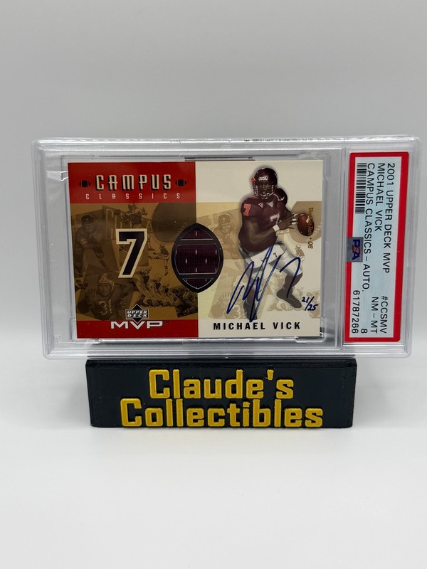 2001 Upper Deck MVP Michael Vick Campus Classics Rookie Jersey Auto RC /25 PSA 8