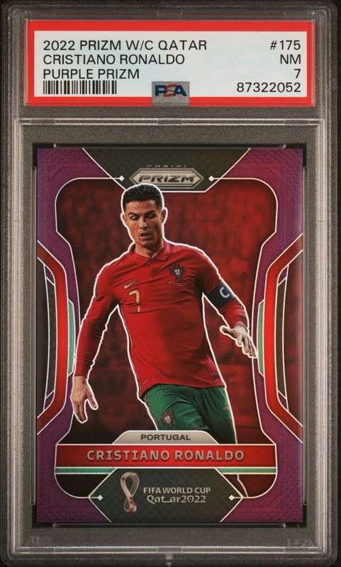 PSA 7: 2022 Panini Prizm World Cup Qatar #175 Purple - Cristiano Ronaldo /199