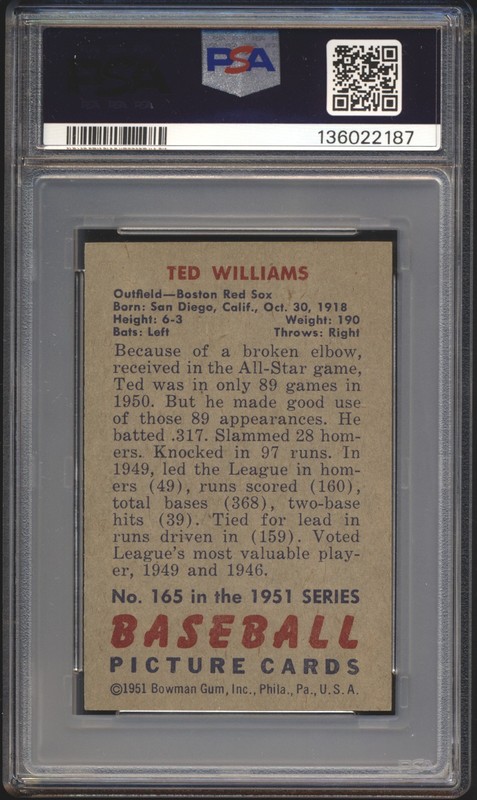 1951 Bowman Baseball Ted Williams #165 PSA 5 BOSTON RED SOX HOF (VERY STRONG) view 2