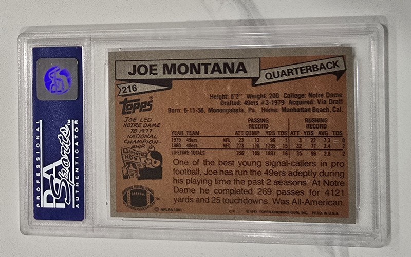 JOE MONTANA 1981 TOPPS GRADED PSA 8 PD #216 49ERS view 2