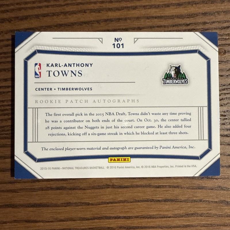 2015-16 National Treasures Karl-Anthony Towns RPA RC 4-Color Patch AUTO 1/25 view 2
