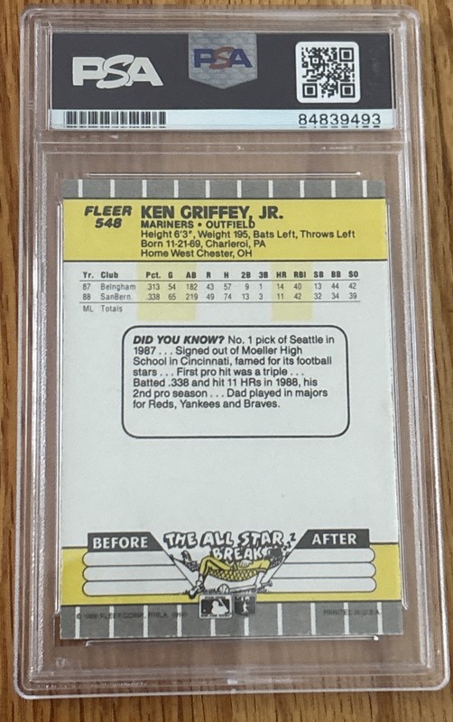 1989 Fleer Ken Griffey Jr. (RC) Autograph PSA/DNA Gem 10 Auto Grade ROOKIE view 2