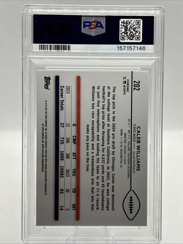 2024 Topps Chrome Caleb Williams #202 Rookie (RC) PSA 10 Gem Mint Bears view 2