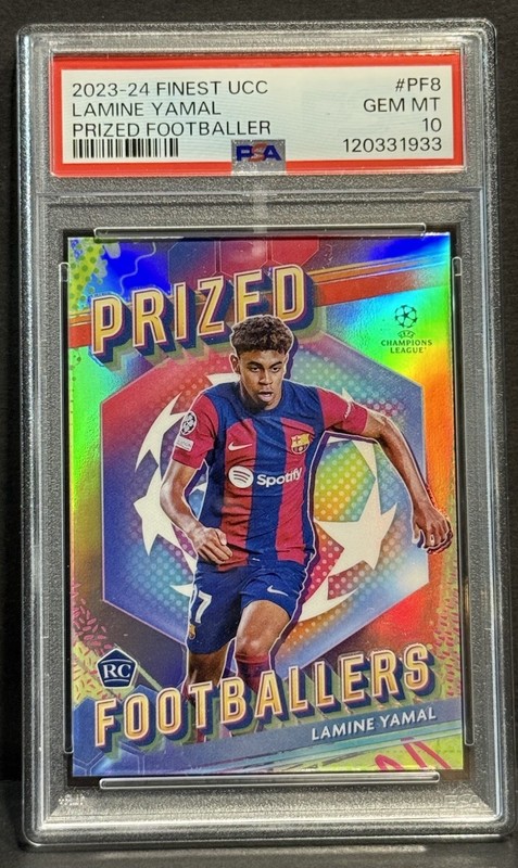 2023-24 Topps Finest UCC Barcelona Prized Footballers RC Lamine Yamal PSA 10 view 2