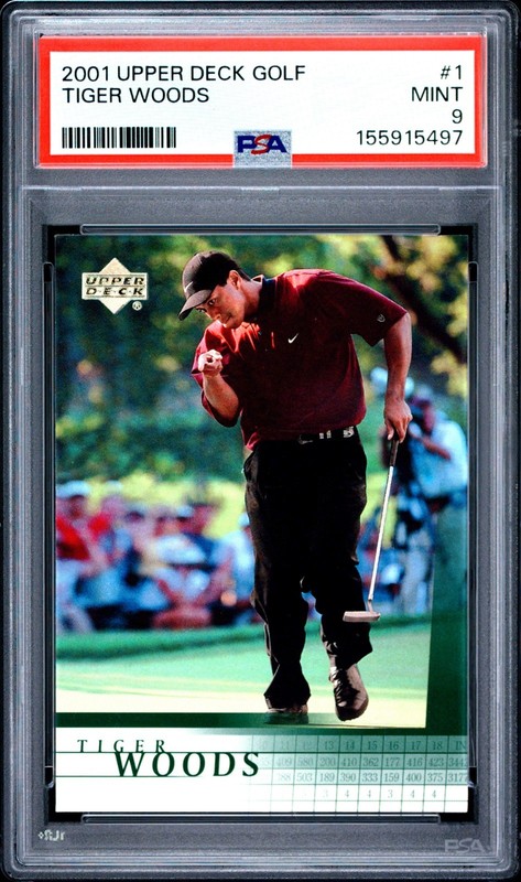 2001 Upper Deck Golf Tiger Woods PSA 9 RC #1 GOAT Iconic Card Fist Pump RARE