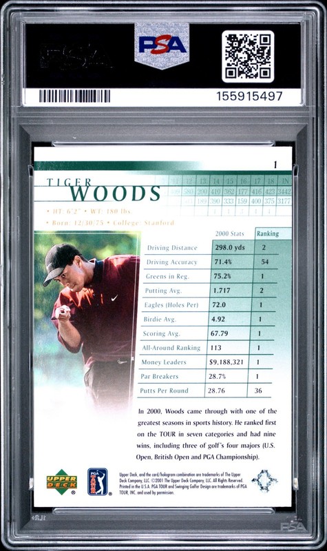 2001 Upper Deck Golf Tiger Woods PSA 9 RC #1 GOAT Iconic Card Fist Pump RARE view 2