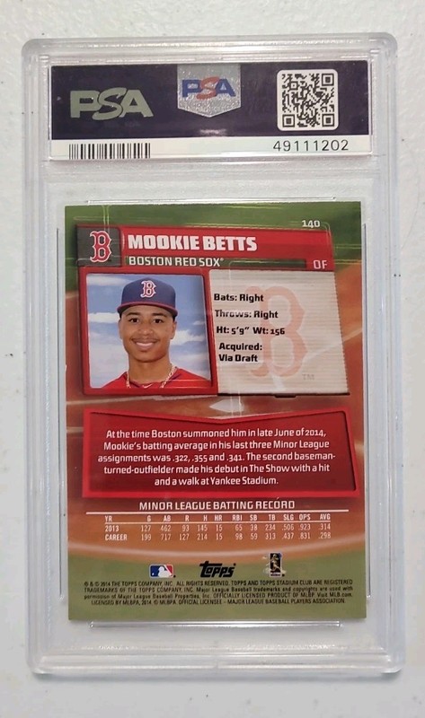 2014 Stadium Club #140 Mookie Betts Rookie Card RC Red Sox PSA 10 Gem Mint view 2