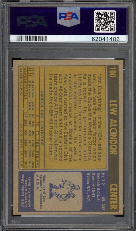1971 Topps #100 Lew Alcindor (Kareem) PSA 6 Vintage HOF Basketball Card (1406) view 2