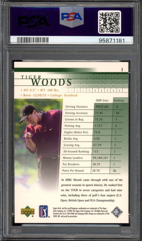2001 Upper Deck #1 Tiger Woods Rookie PSA 6 PGA Tour Golf RC Card (1181) view 2