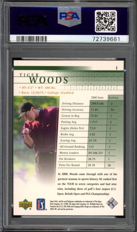 2001 Upper Deck #1 Tiger Woods Rookie PSA 7 PGA Tour Golf RC Card (9681) view 2