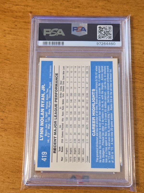 1982 DONRUSS #419 NOLAN RYAN PSA 6 EX/MT view 2
