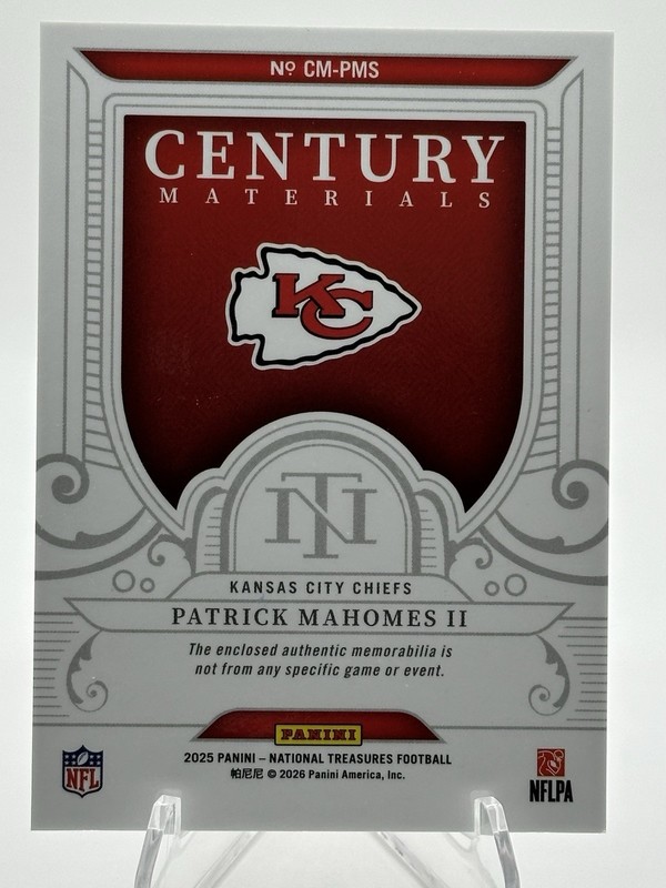 Panini 2025 National Treasures Patrick Mahomes II Century Materials CM-PMS 66/99 view 2