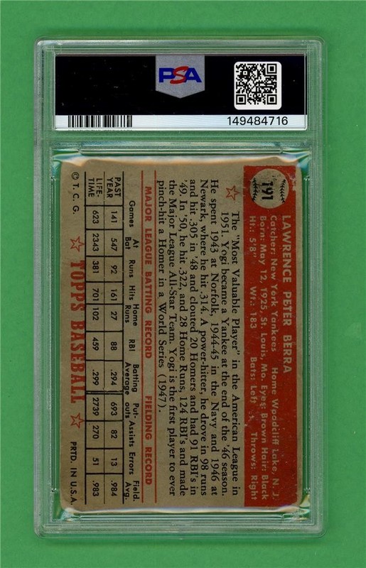 1952 Topps #191 Yogi Berra ** PSA PR 1 ** New York Yankees vintage baseball card view 2