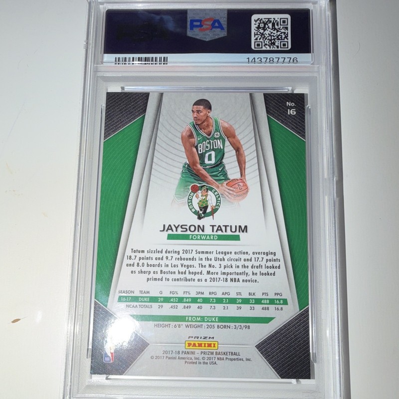 Panini 2017-18 Prizm Jayson Tatum RC Red White & Blue Prizm PSA 8 #16 view 2