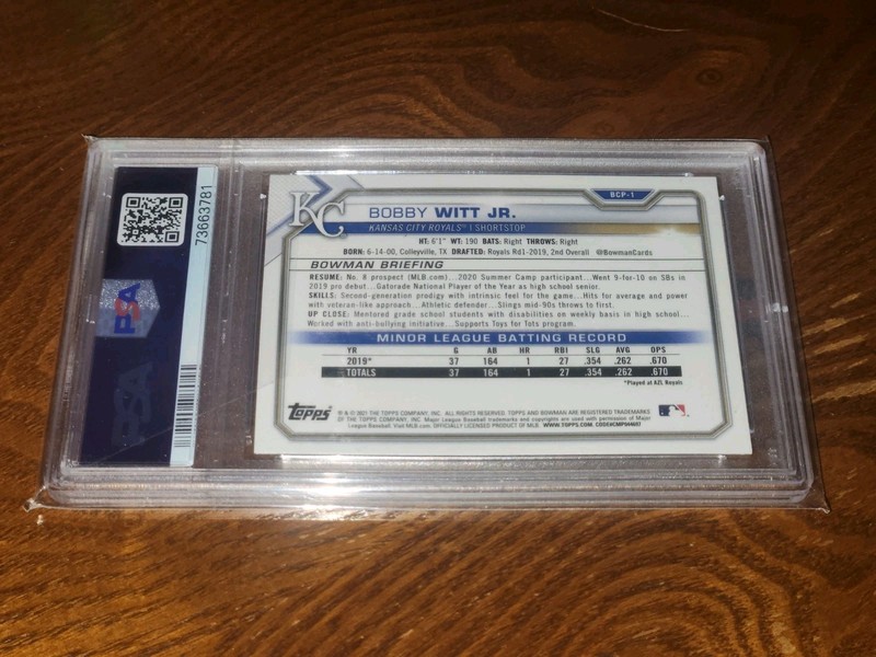 2021 Bowman Mega Bobby Witt Jr. Chrome Mojo Refractor RC #BCP-1 PSA 9 Royals view 2