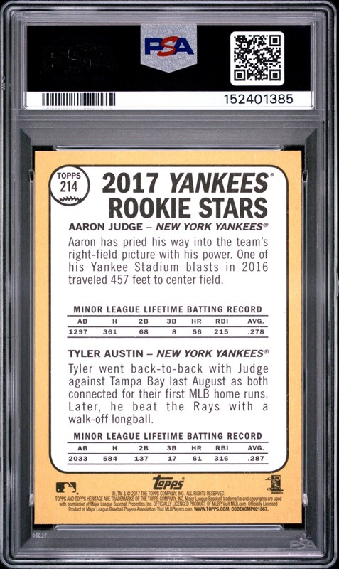 2017 Topps Heritage RC #214 Aaron Judge Tyler Austin Rookie Stars PSA 10 GEM MT view 2