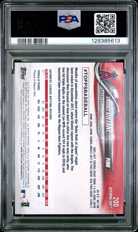 2018 Topps Opening Day Shohei Ohtani Rookie #200 PSA 10 view 2