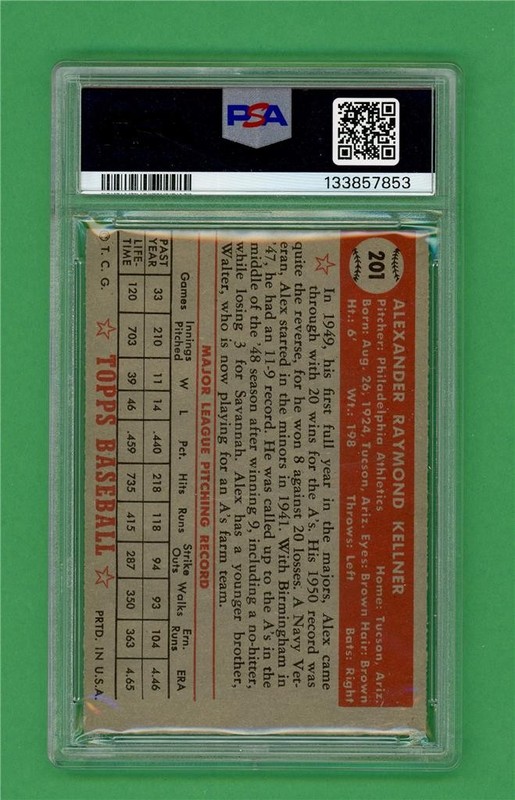 1952 Topps #201 Alex Kellner * STRONG * PSA VG-EX 4 *Philadelphia Athletics card view 2