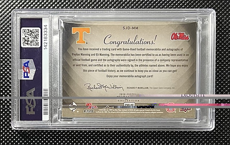 Peyton Manning Eli Manning 2010 Exquisite Dual Game Worn Patch Auto /5 PSA 6 view 2