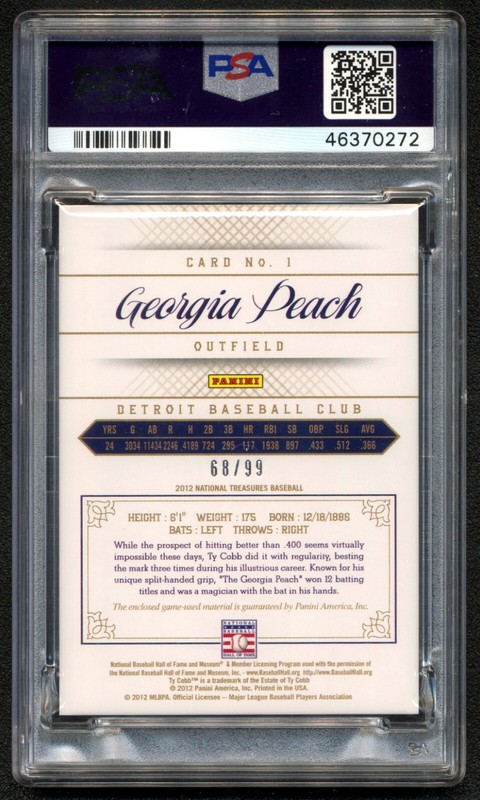 Ty Cobb 2012 Panini National Treasures PSA 7 Nickname Material Game Used Bat /99 view 2