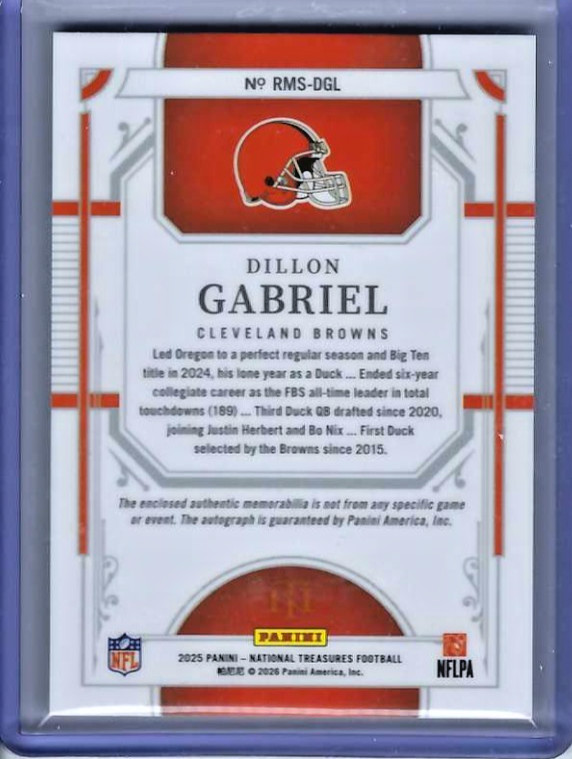 2025 Panini National Treasures Dillon Gabriel Triple Patch Rookie Auto /25 RPA view 2